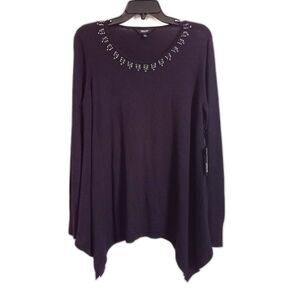 Vera Wang Crystal Beaded Tunic Purple Sweater Black Gray Pullover Long Sleeve L